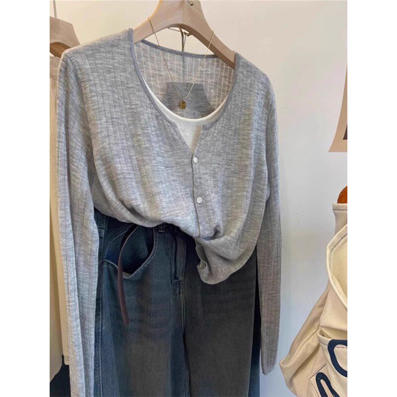 速发灰色假两件针织衫2024早秋新恤薄款内搭打底衫设计感u领t款上