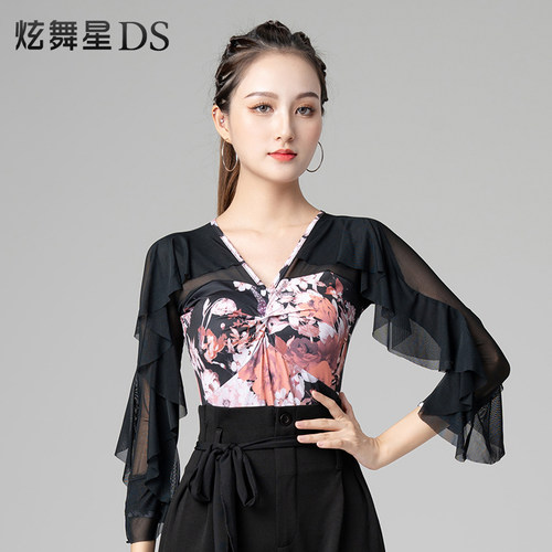 速发舞上衣新款V领标国 舞衣性感网纱拉丁舞服夏舞身连蹈比赛服
