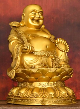 速发弥勒供像摆件纯铜大肚佛如意米勒佛坐莲花佛大号家用笑养佛佛