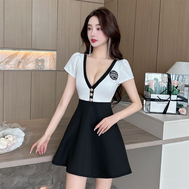 速发性感深v低胸撞色制服连衣裙夜总店会所洗浴桑拿技师工作服