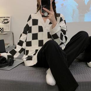 服严 长网袖 女士睡衣开衫 春秋季 仿棉格子V领红爆松CVT宽休闲家居款