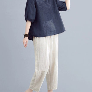 中年妈妈装2026夏装新款短袖上衣夏款中老年女装大码棉麻两件套装