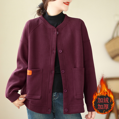 妈妈装加绒加厚卫衣外套女早春秋