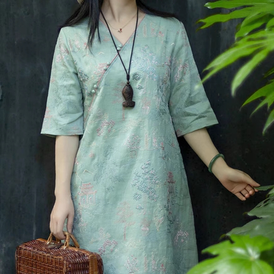 棉麻连衣裙女夏改良旗袍