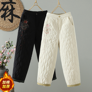 妈妈显瘦加厚保暖休闲裤 中式 新款 女士2025冬季 子 菱格刺绣羽绒棉裤