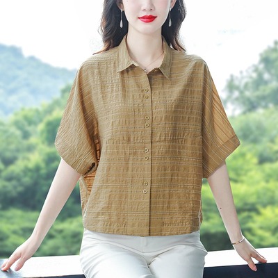 中年妈妈夏装棉麻短袖衬衫女士