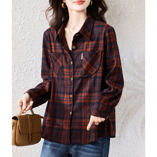 高端洋气衬衣上衣 外套女士2025早秋新款 广东普宁红色长袖 格子衬衫