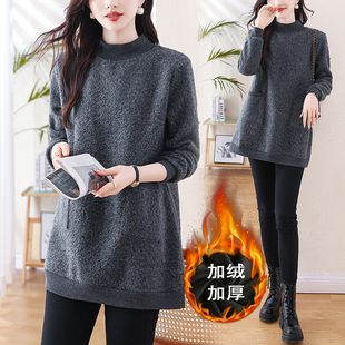 中长款遮屁股上衣冬季加绒半高领卫衣女秋冬2025新款爆款时尚洋气