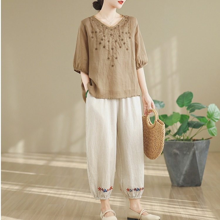 中老年女装妈妈夏装棉麻套装2025新款宽松短袖上衣减龄高端两件套,女装/女士精品,时尚套装,淘宝优惠券,粉丝福利购,淘宝优惠卷