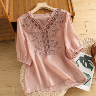 国风刺绣棉麻上衣女高端亚麻v领小衫 中式 夏2025新款 广东普宁衬衫