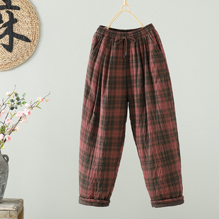 九分弯刀奶奶裤 格子休闲阔腿裤 夹棉加厚高腰保暖棉裤 新款 女秋冬季
