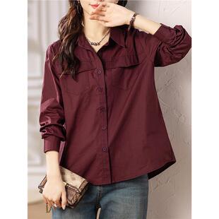 女士红色衬衫女时尚洋气长袖衬衣2026春秋新款大码遮肚子衬衣上衣