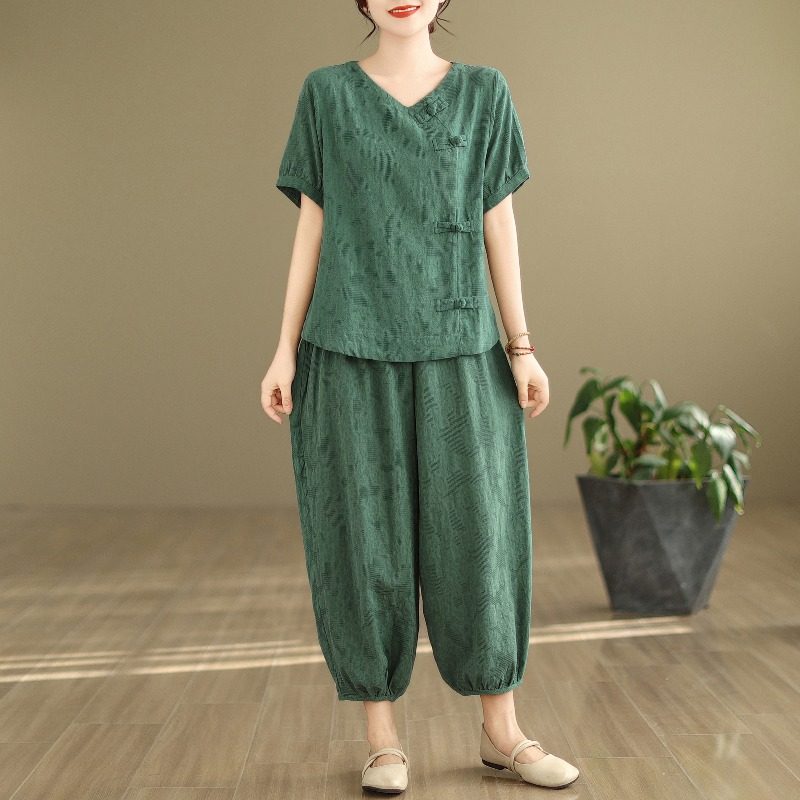 复古棉麻提花套装女夏季2026年新款大码休闲短袖上衣灯笼裤两件套