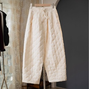 女宽松百搭保暖加厚阔腿直筒裤 高腰菱形格羽绒棉裤 新款 2025年冬季