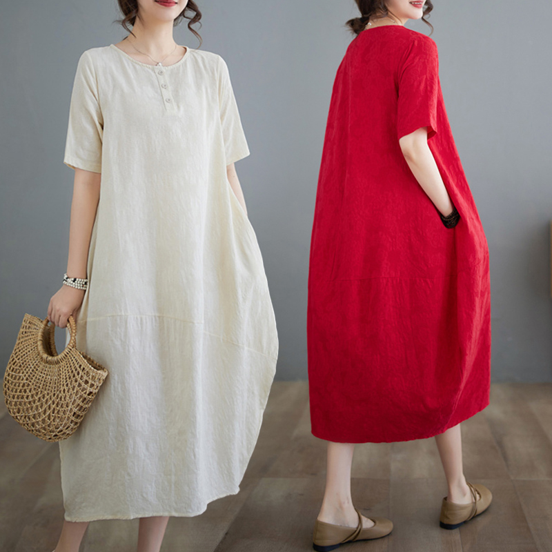 妈妈纯色亚麻连衣中长裙