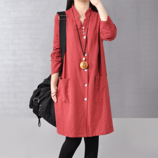 女2025春秋季 棉麻衬衫 新款 宽松妈妈文艺中长款 裙 大码 广东普宁衬衫