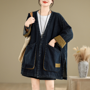 V领大口袋宽松风衣欧货大版 中长款 秋季 2025新款 牛仔外套女春秋款