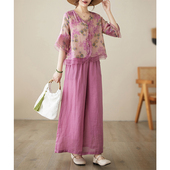 棉麻七分袖 夏季 衬衫 大码 套装 女装 新款 中年妈妈亚麻上衣高端两件套