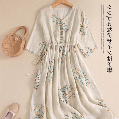 印花苎麻连衣裙女士夏季