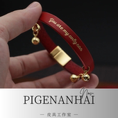 脚环工期3 7天 手工植鞣牛皮少女铃铛黑红色手环