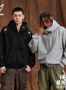 维动星光连帽拼接卫衣时尚百搭潮美式男女秋季青少年宽松运动外套