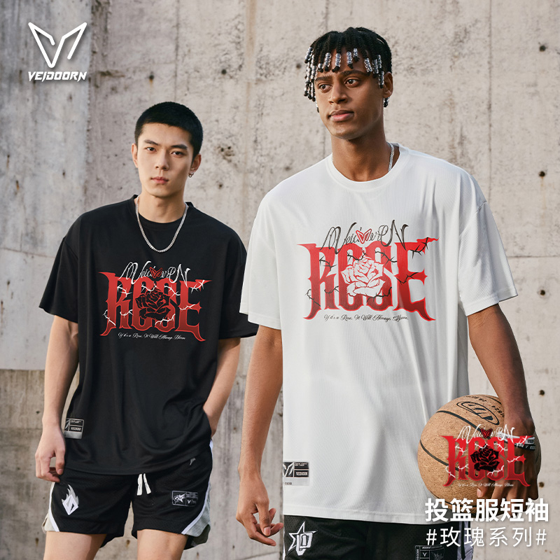 维动玫瑰短袖投篮服罗斯T恤男夏季美式篮球服运动透气儿童青少年V