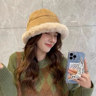 帽子女秋冬日系百搭网红加绒羊羔毛渔夫帽休闲宽檐保暖毛绒盆帽