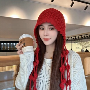 秋天氛围感帽子流苏球球毛线帽加厚保暖包头帽女护耳绑带针织帽