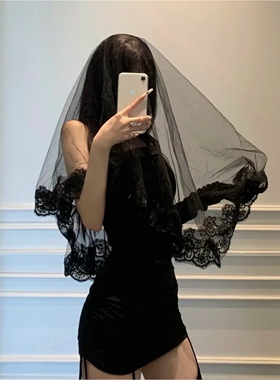 黑色头纱蕾丝cos头饰Y2k哥特圣母玛利亚鬼新娘网纱发饰修女头饰