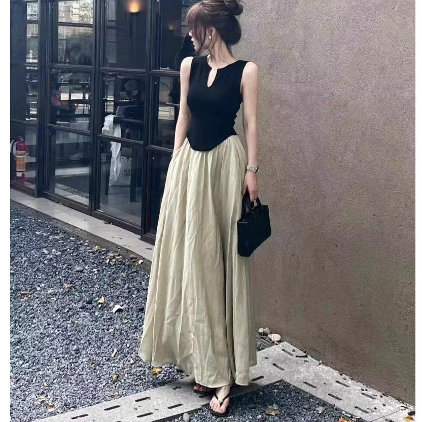 时尚女装洋气质套装无袖背心上衣大摆垂感半身长裙两件套装显瘦夏