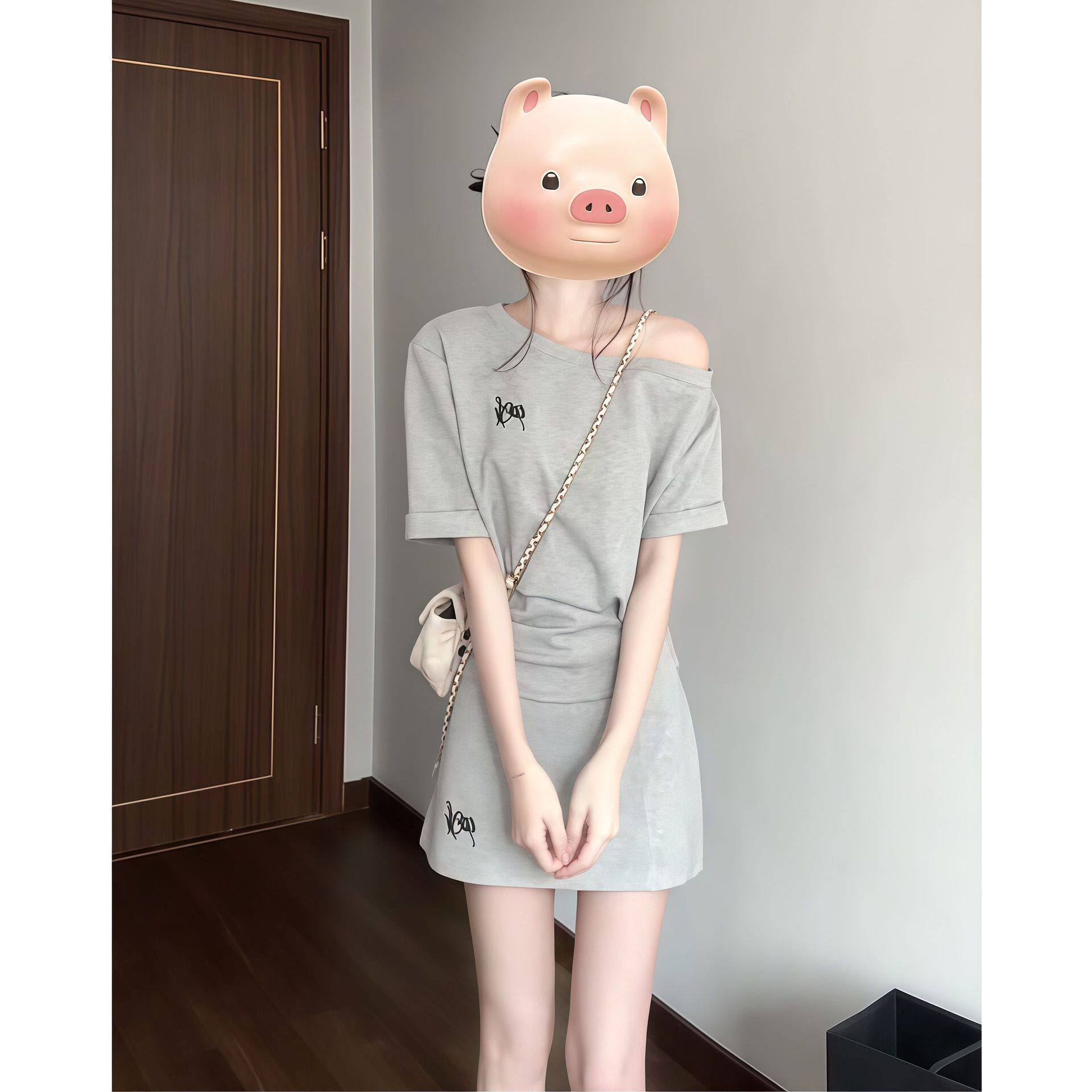 韩系慵懒风休闲运动套装女夏季时尚短款斜肩短袖短裙小个子两件套