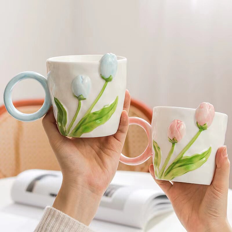 郁金香杯子女生陶瓷家用水杯高颜值小众设计浮雕马克杯花朵咖啡杯