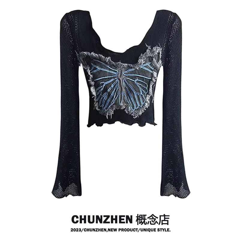 CHUNZHEN 이른 가을 달콤한 멋진 뜨거운 여자 나비 짧은 니트 스웨터 여성 가을 ??곰팡이 트림 벨 슬리브 탑 유행