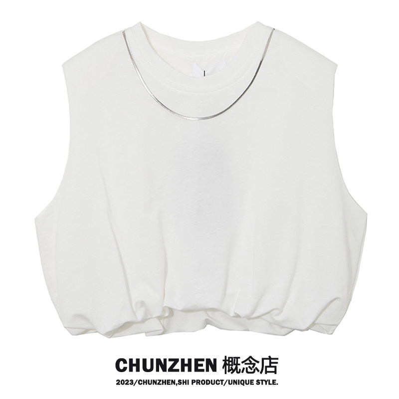 CHUNZHEN 도파민 어깨 민소매 티셔츠 여성 여름 디자인 조끼 라운드 넥 바닥 짧은 탑