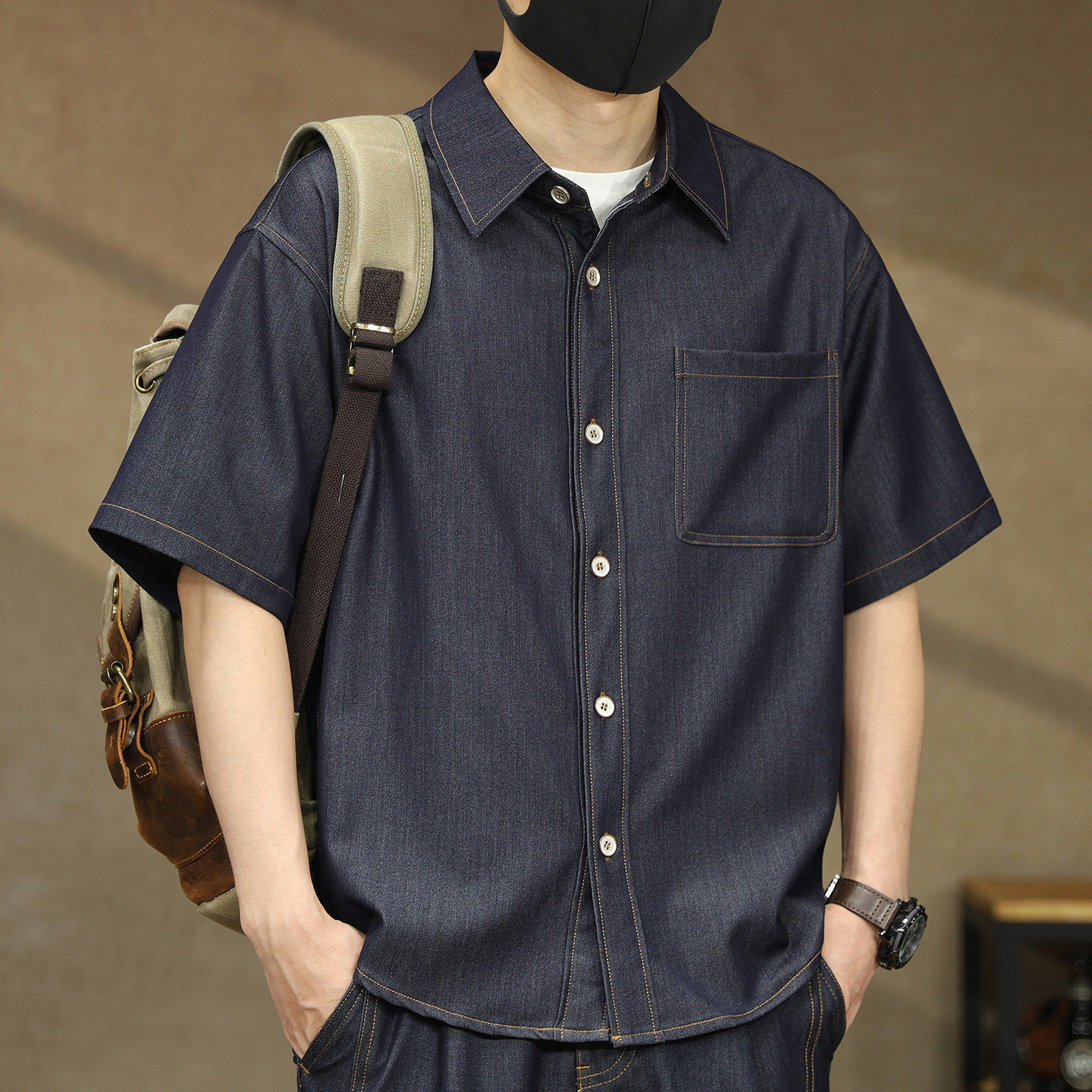 美式复古黑色牛仔衬衫男款短袖2026夏季弹力宽松薄款半袖男士衬衣