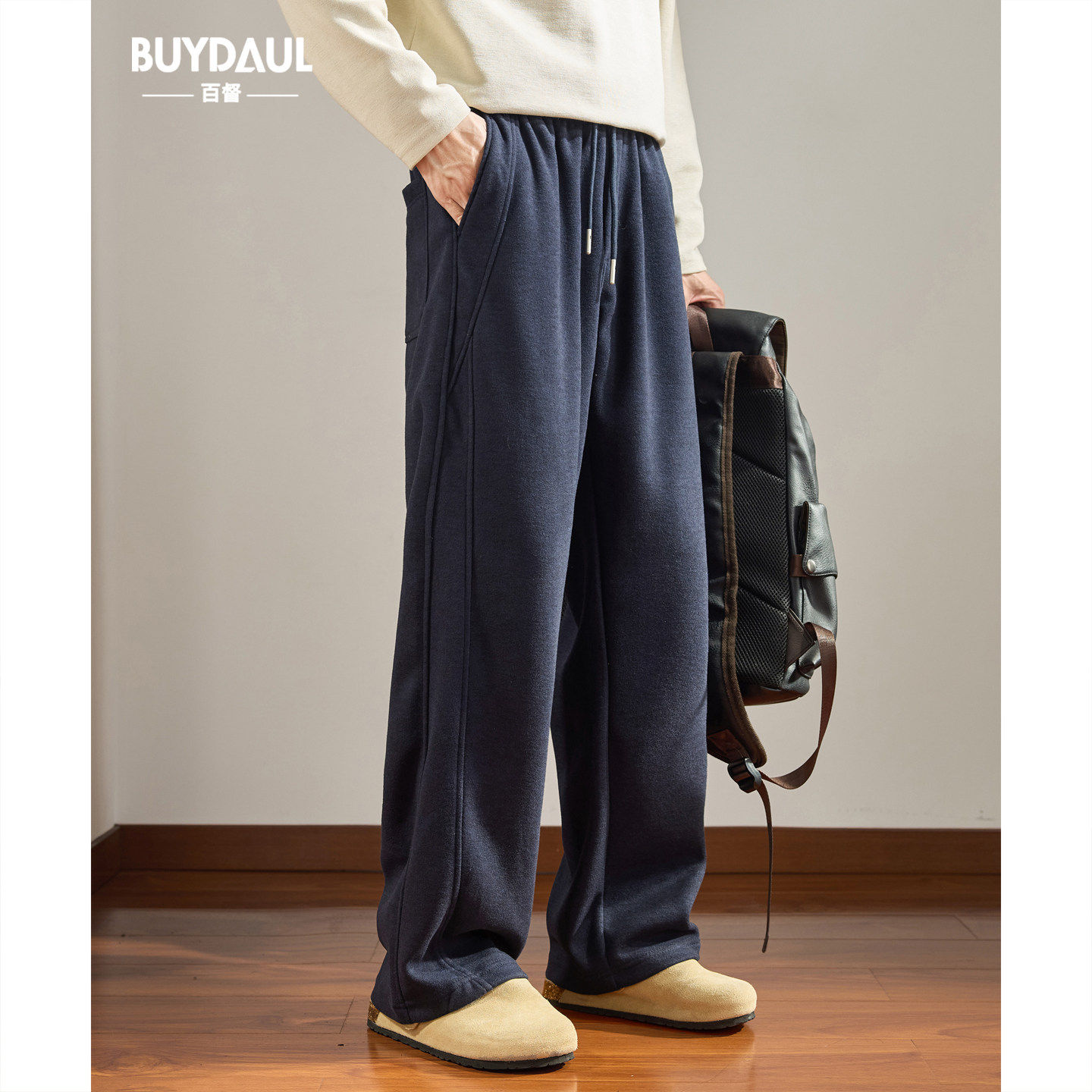 美式重磅针织运动卫裤男士绵羊绒直筒休闲裤秋冬季加绒宽松阔腿裤