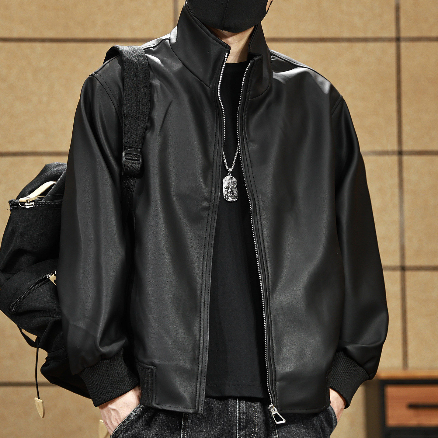 美式复古PU皮夹克男士2026新款春季潮牌宽松立领机车服飞行员外套