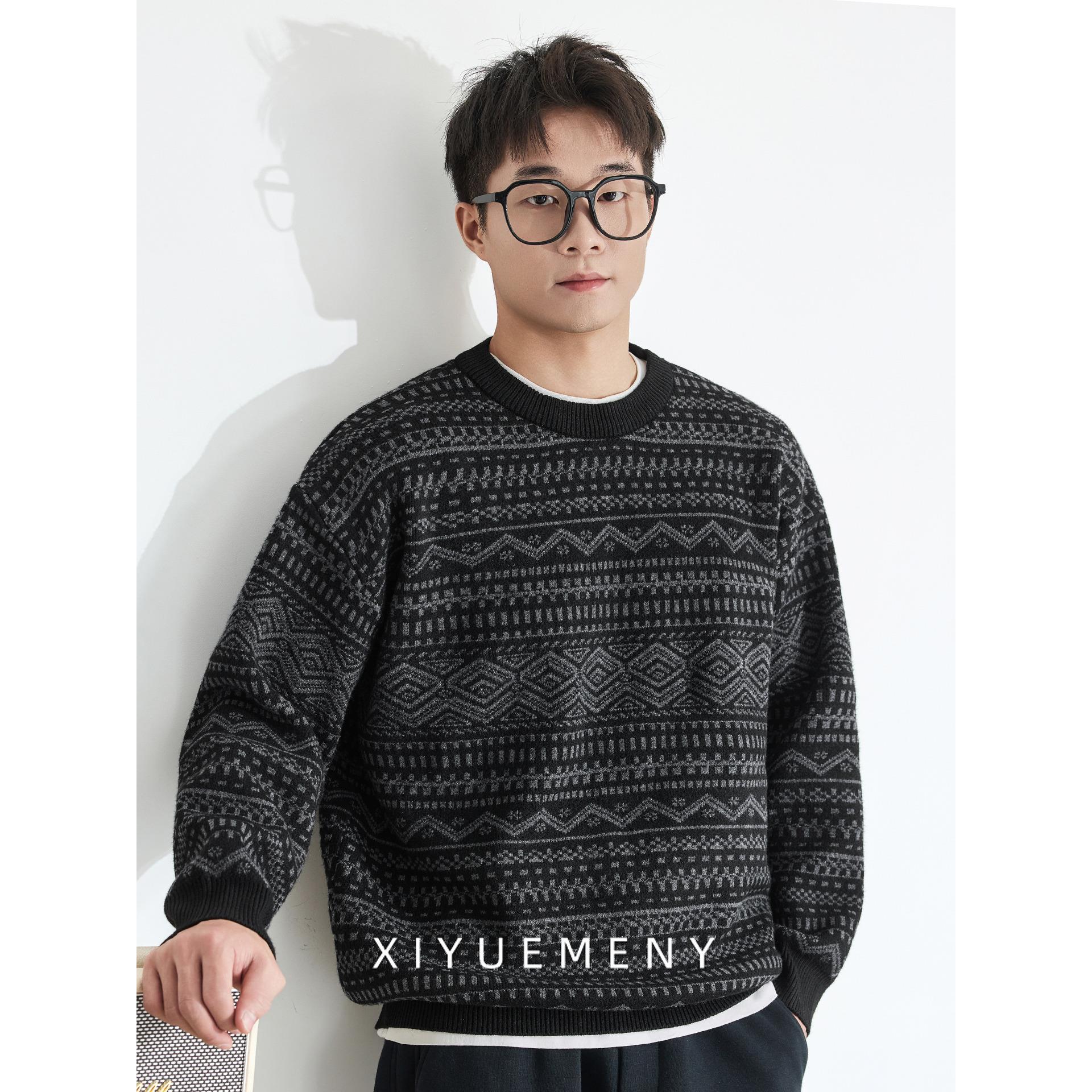 费尔岛重磅提花圆领套头休闲毛衣男士宽松大码冬季新款百搭上衣潮