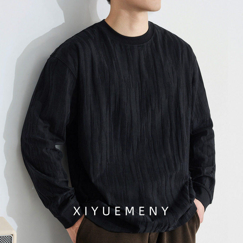 复古竖条纹理长袖T恤男百搭黑色打底衫2026新款宽松外穿上衣