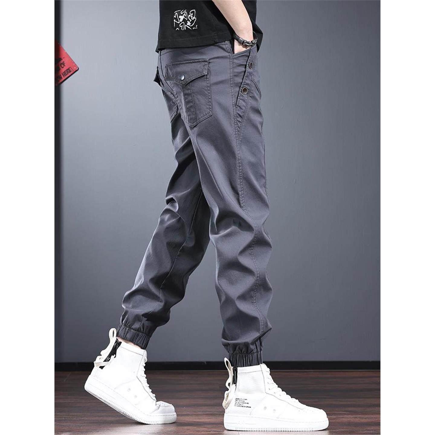 高级感工装休闲裤男款美式抽绳束脚裤春秋款灰色宽松显瘦加绒男裤
