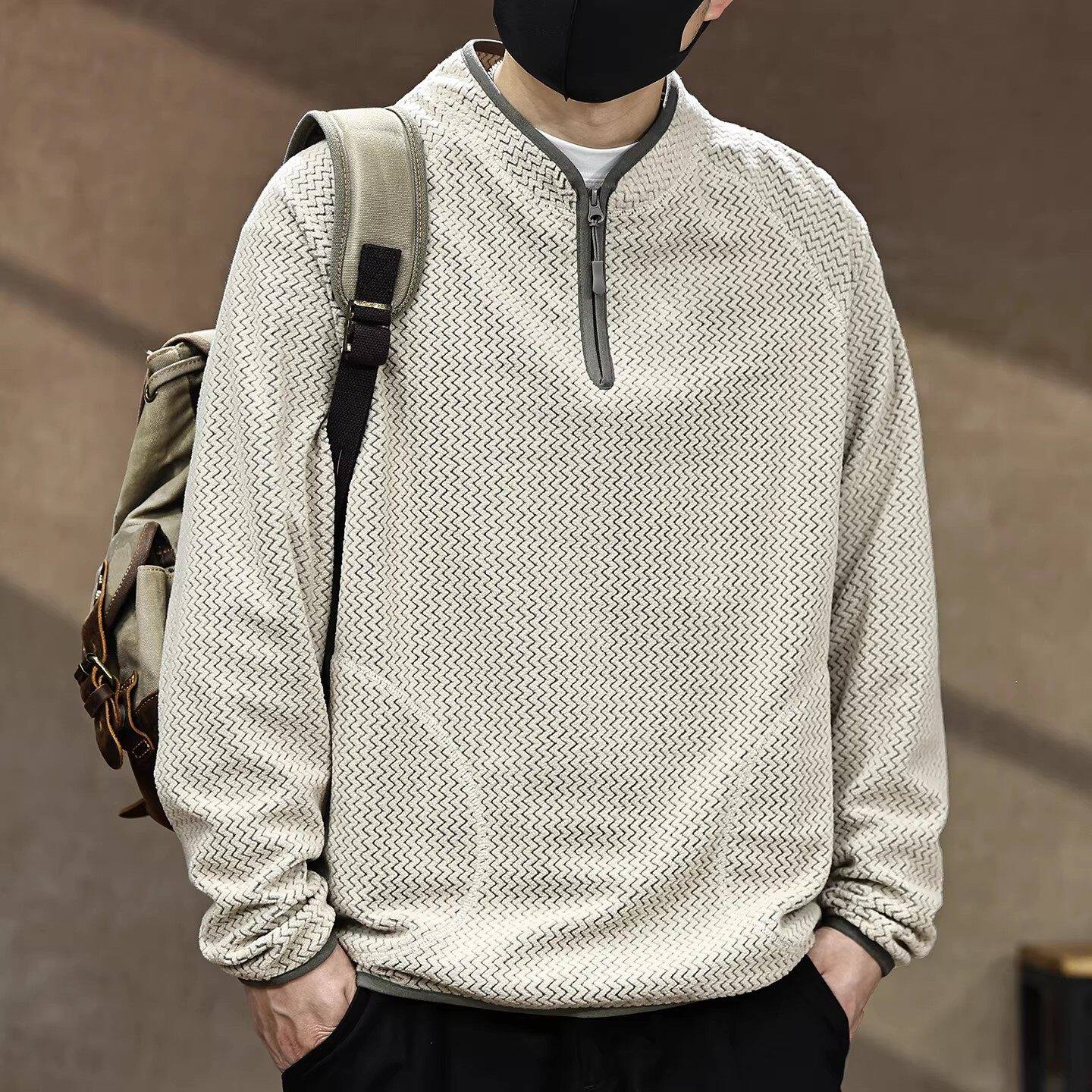 高端户外半拉链波浪纹长袖t恤男士2026春季新款美式复古卫衣男款