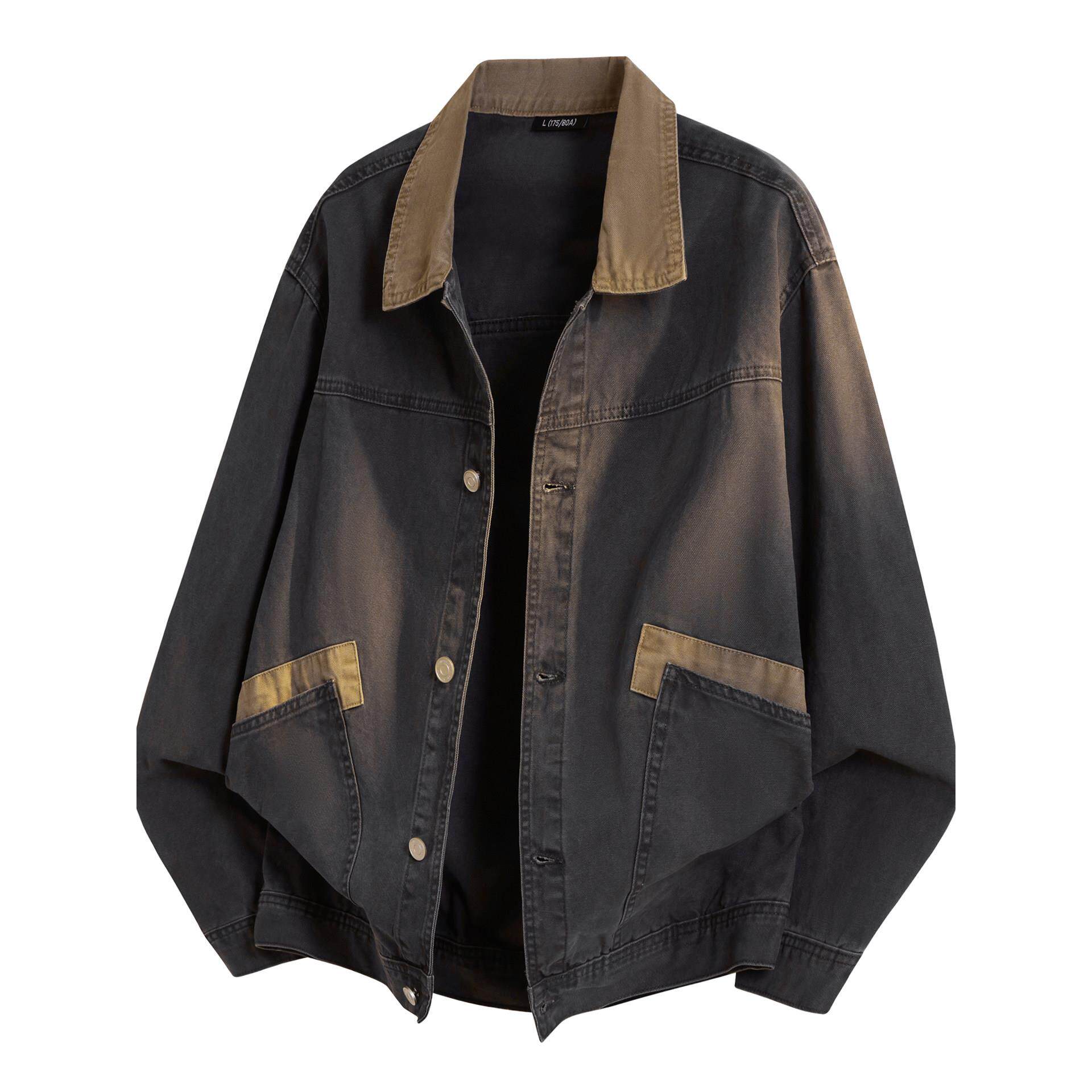 美式撞色翻领牛仔外套男高级感纯棉复古宽松大码工装休闲夹克