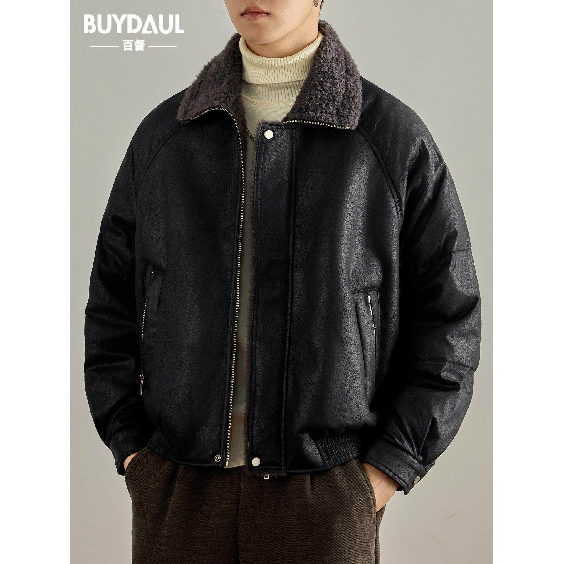 高级感加绒加厚棉衣外套男士冬季新款宽松裂纹肌理pu皮衣翻领夹克