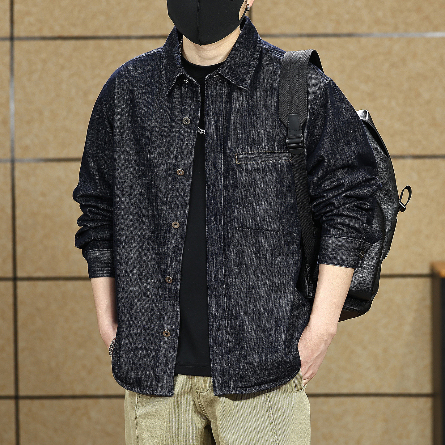 日系原色牛仔衬衫男秋季复古单口袋宽松翻领长袖衬衣休闲工装外套