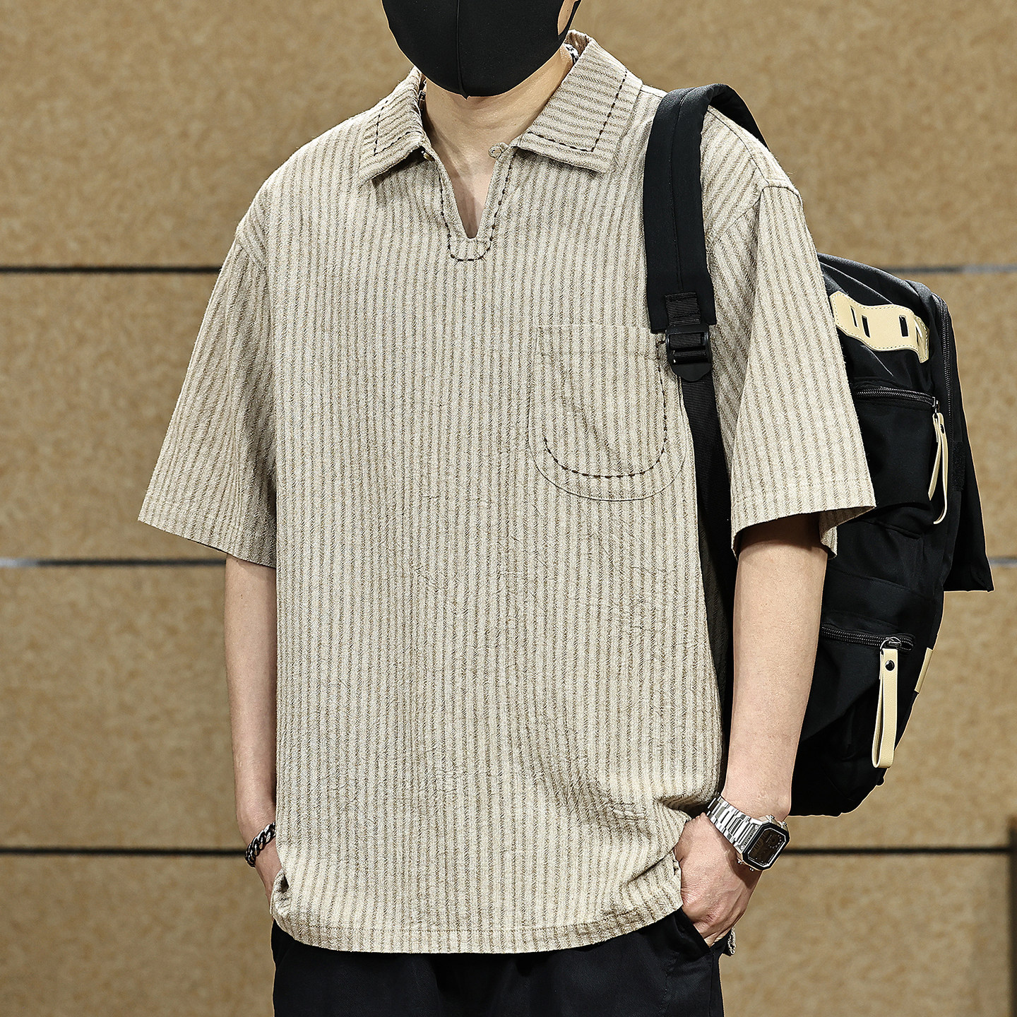 美式复古条纹纯棉短袖衬衫男夏季薄款宽松休闲透气POLO领半袖衬衫