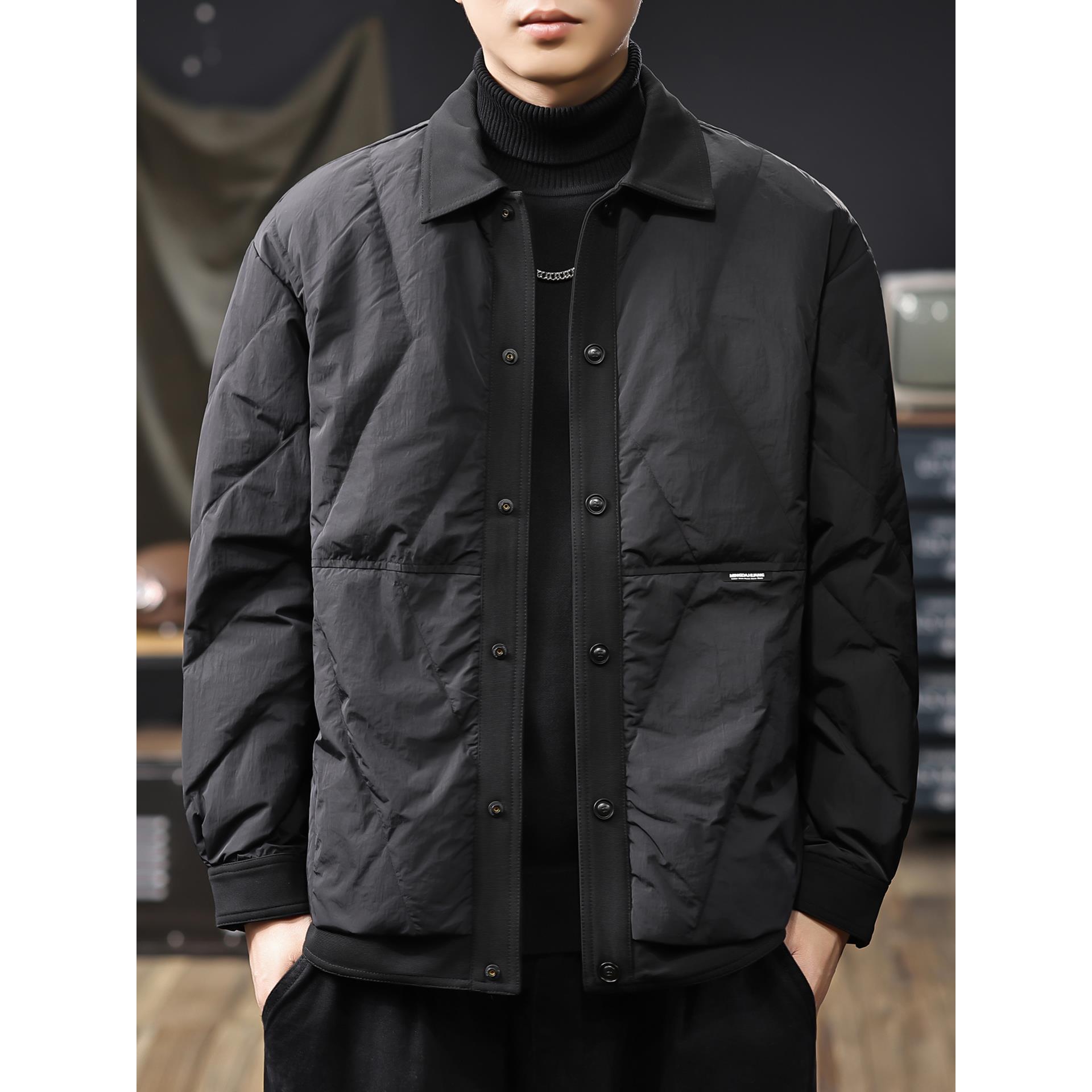 美式潮牌衬衫式轻薄羽绒服男2025冬季新款90白鸭绒保暖男士外套潮