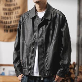 美式 复古皮衣外套男秋冬加绒宽松休闲痞帅风翻领机车PU皮夹克潮牌