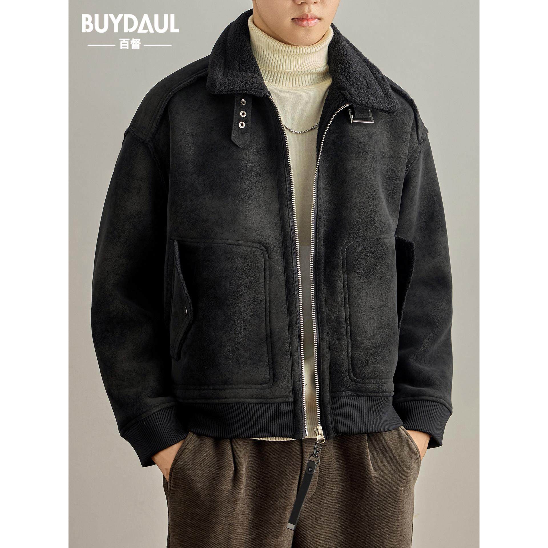 皮毛一体羊羔绒夹克棉衣男士冬季新款加绒加厚保暖翻领麂皮绒外套