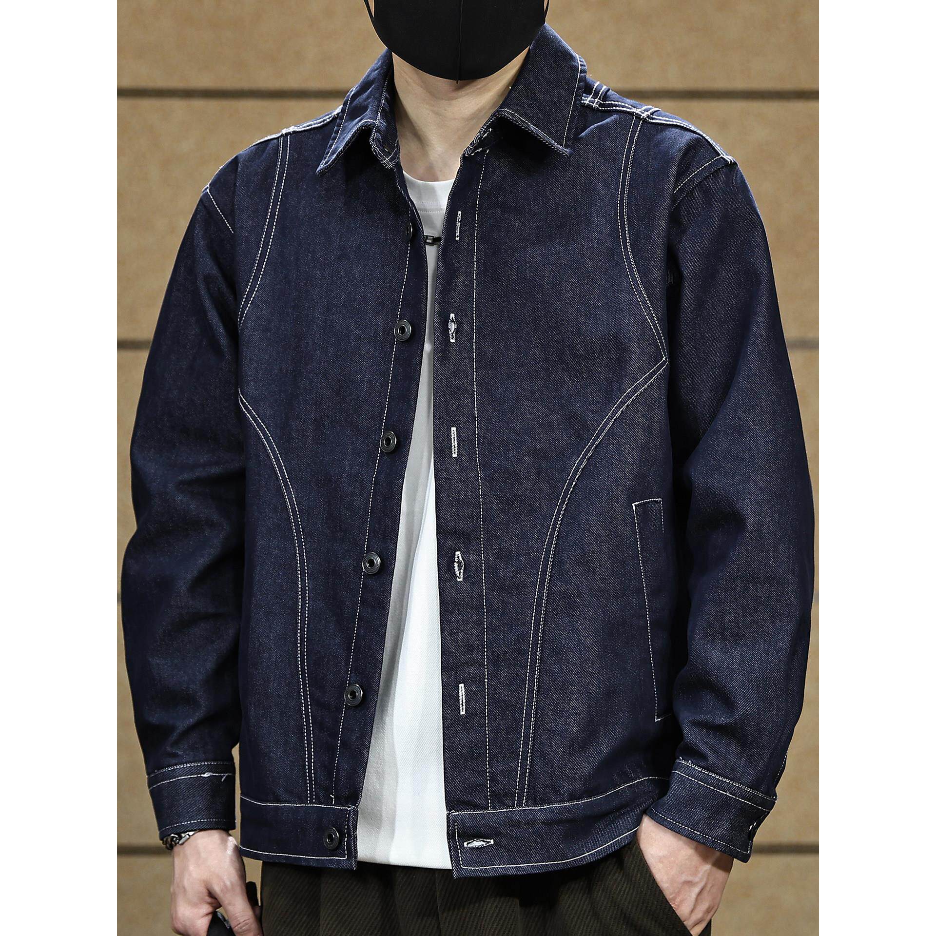 美式复古高级感辑明线牛仔夹克男春季新款宽松休闲工装外套男装潮