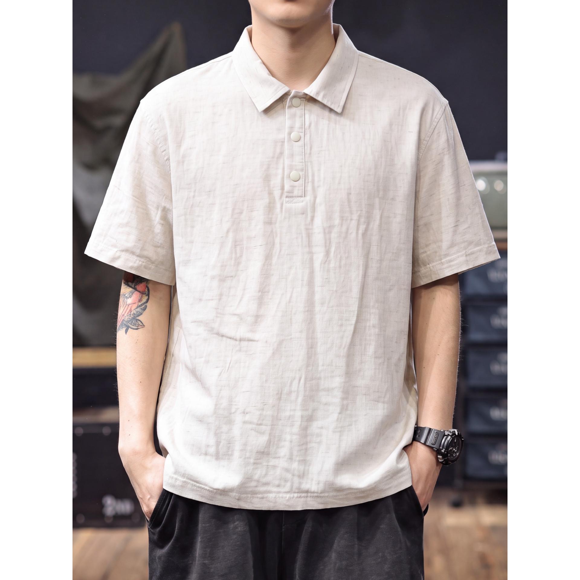 天丝亚麻混纺轻薄短袖polo衫男士夏季薄款休闲大码翻领T恤衬衫夏